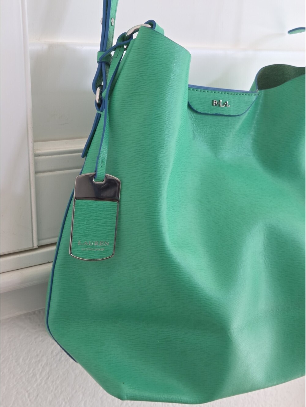Lauren Ralph Lauren Green Shoulder Bag Textured Faux Leather Blue Trim NWT